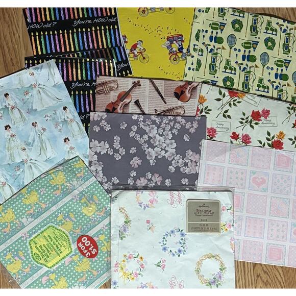 Vintage Wrapping Paper Lot Mixed Designs 1960s 1990s New Sheets Gift Wrap - Picture 7 of 7